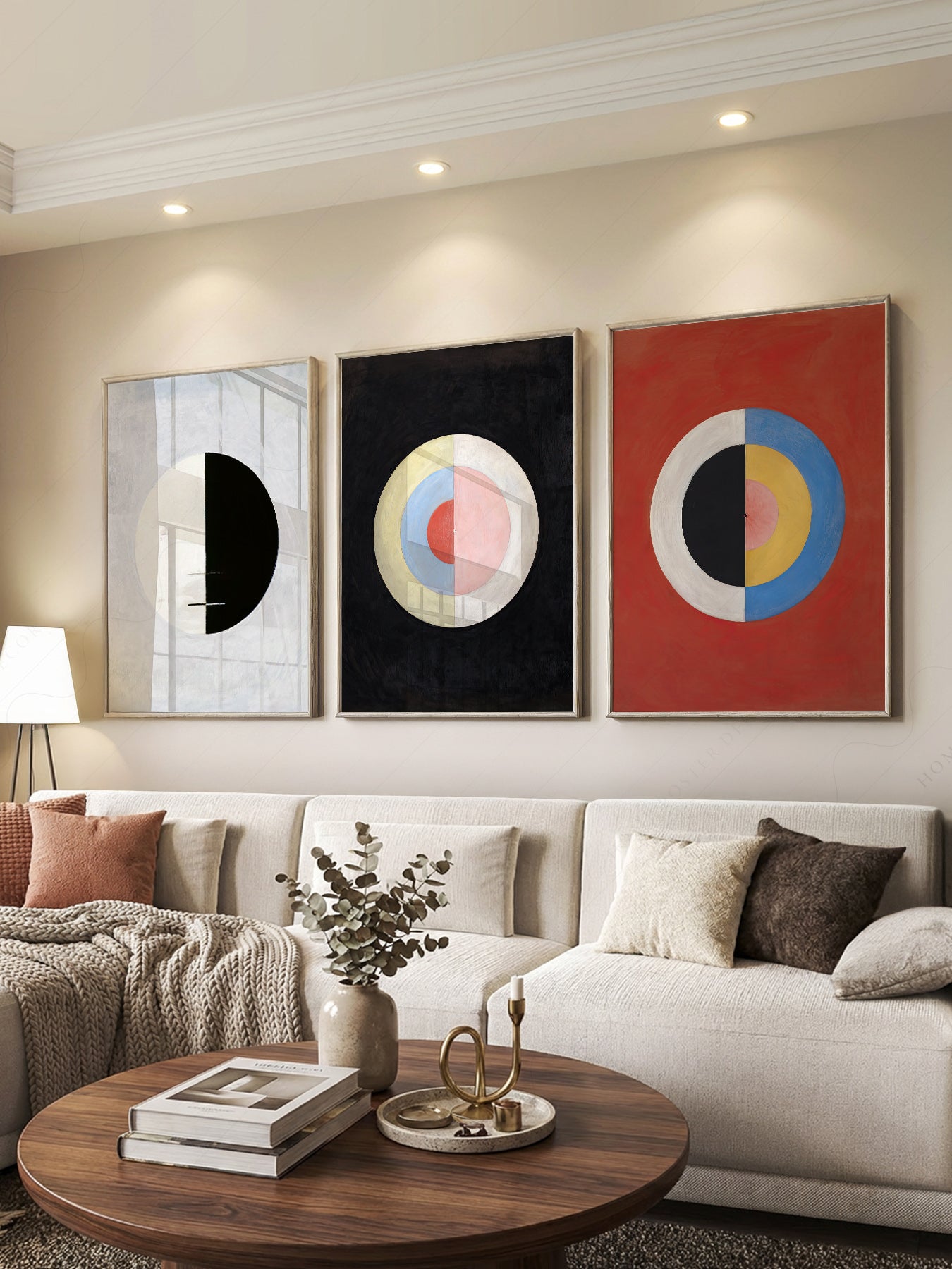 Hilma af Klint Set of 3 Prints print styled in a mid-century modern dining room