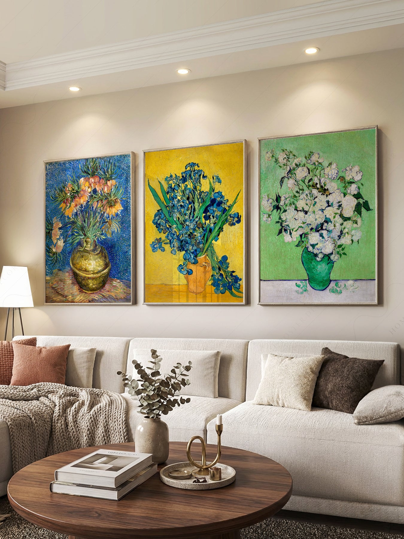 Vincent Van Gogh Flowers Set of 3 Prints print styled in a mid-century modern dining room
