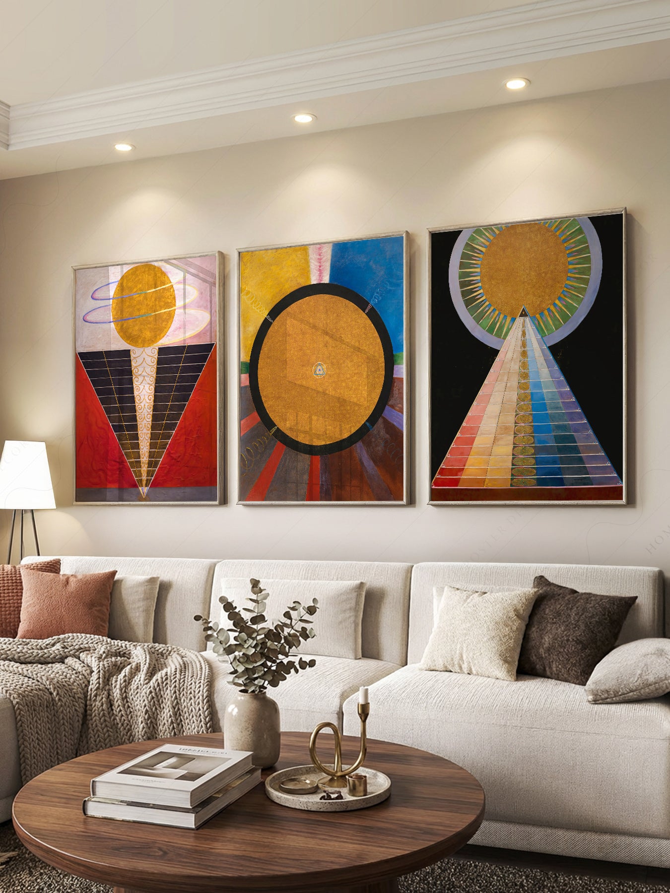 Hilma af Klint Altarpiece Set of 3 print styled in a mid-century modern dining room