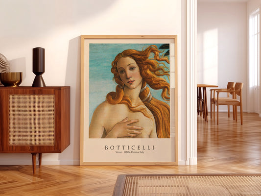 Sandro Botticelli The Birth of Venus wall art print displayed in a bright modern living room