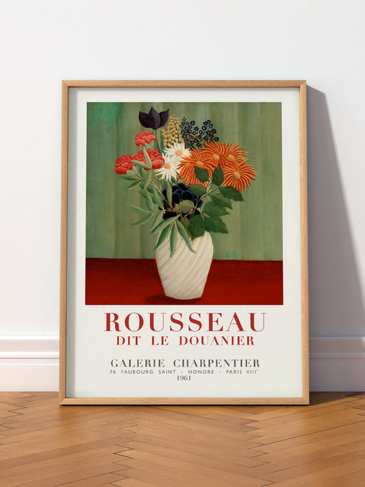 Henri Rousseau Bouquet of Flowers wall art print displayed in a bright modern living room