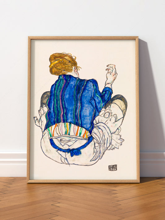 Egon Schiele Seated Woman Back View 1917 wall art print displayed in a bright modern living room