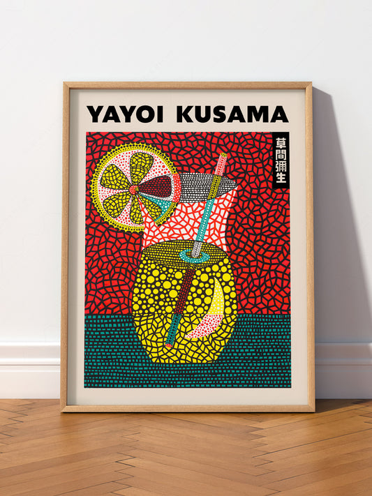 Yayoi Kusama Summer Cocktail wall art print displayed in a bright modern living room