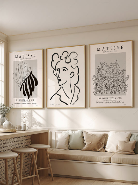 Henri Matisse Gallery Wall Set of 3 wall art print displayed in a bright modern living room