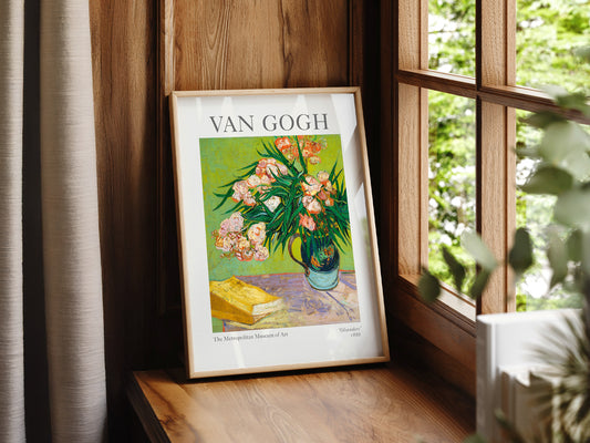 Vincent Van Gogh Oleanders wall art print displayed in a bright modern living room