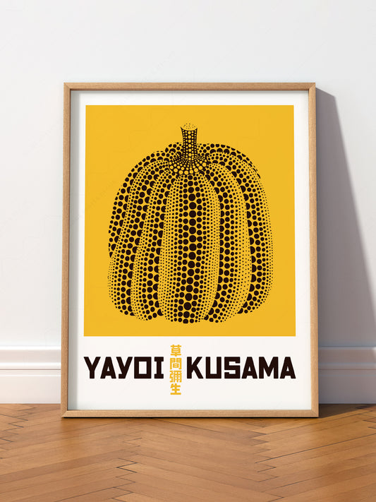 Yayoi Kusama Yellow Pumpkin wall art print displayed in a bright modern living room