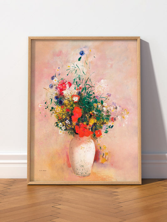 Odilon Redon Flowers in Vase wall art print displayed in a bright modern living room