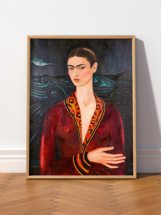 Frida Kahlo Self-Portrait in Velvet print styled in a mid-century modern dining room