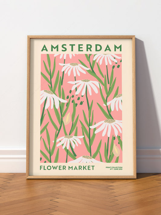 Amsterdam Flower Market wall art print displayed in a bright modern living room