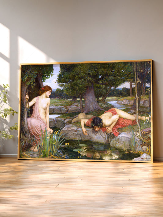 John William Waterhouse Echo and wall art print displayed in a bright modern living room