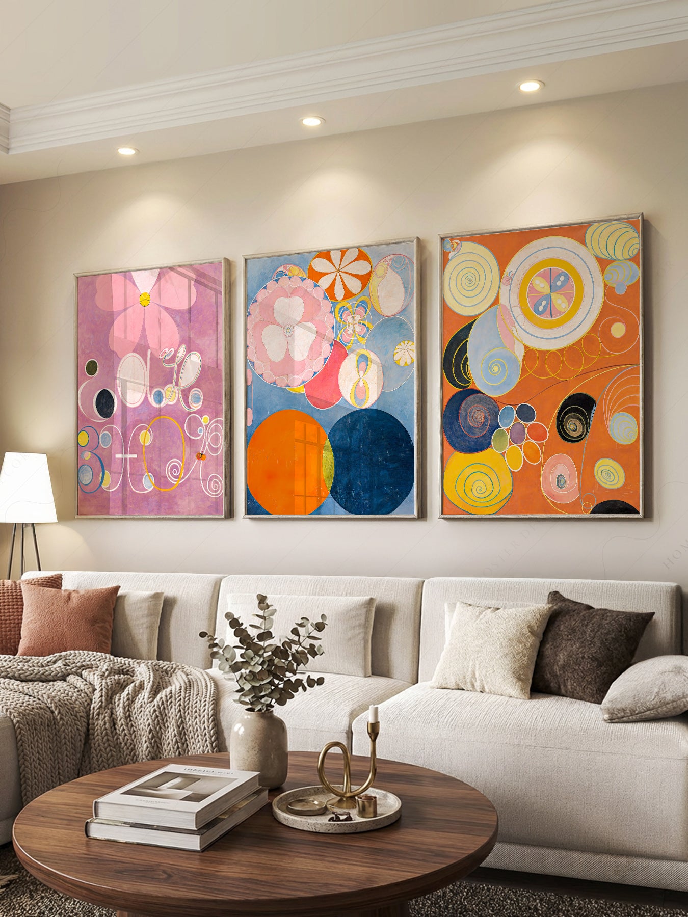 Hilma af Klint The Ten Largest Print print styled in a mid-century modern dining room