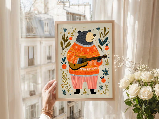 Children's wall art – Musical Bear in a Scandi-style nursery