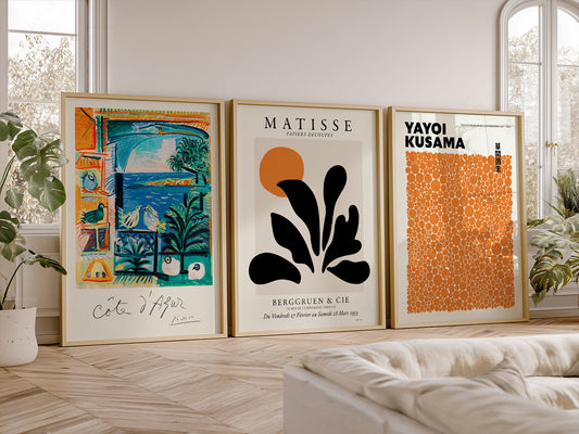 Set of 3 wall art prints featuring Picasso Côte d'Azur, Matisse cut-out, and Kusama orange dots.