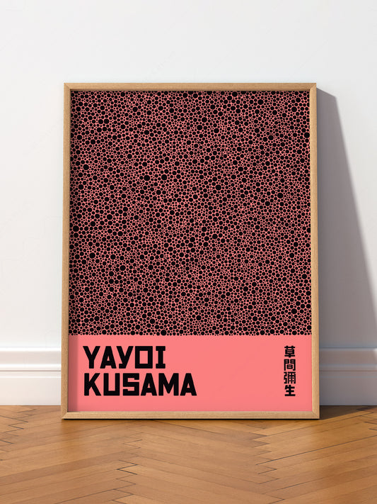 Yayoi Kusama Infinity Nets wall art print displayed in a bright modern living room