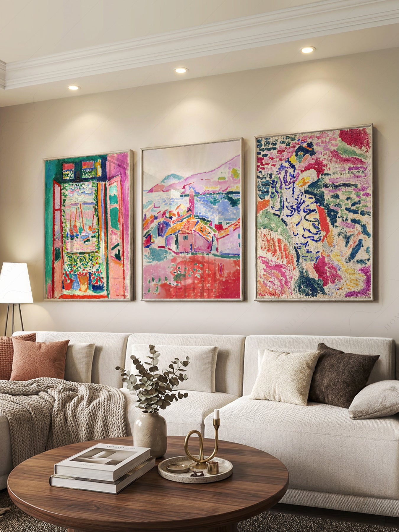 Henri Matisse Gallery Wall Set of 3 print styled in a mid-century modern dining room