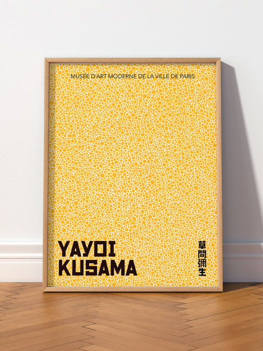 Yayoi Kusama Yellow Dots Exhibition wall art print displayed in a bright modern living room