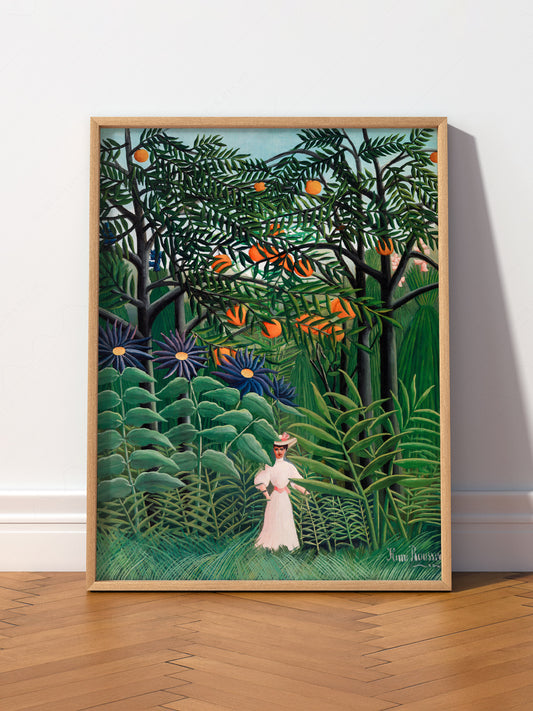 Henri Rousseau Woman Walking in an wall art print displayed in a bright modern living room