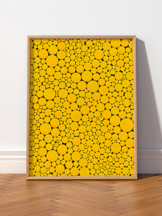 Yayoi Kusama Yellow Dots wall art print displayed in a bright modern living room