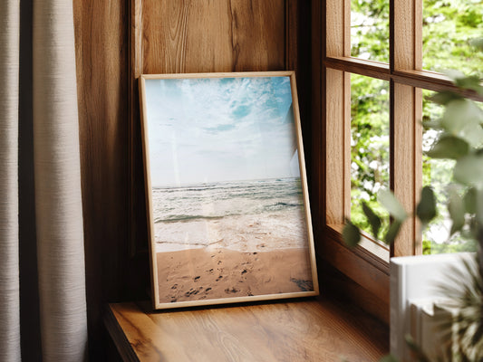 Coastal Serenity Beach Photography photography print displayed in a bright coastal living room
