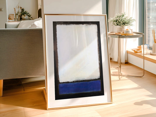 Mark Rothko Untitled Blue and White wall art print displayed in a bright modern living room
