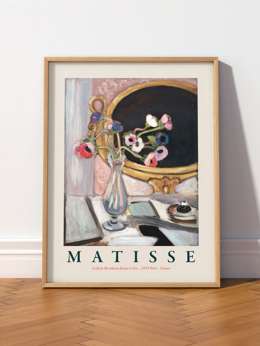 Henri Matisse Anemones with Black Mirror wall art print displayed in a bright modern living room