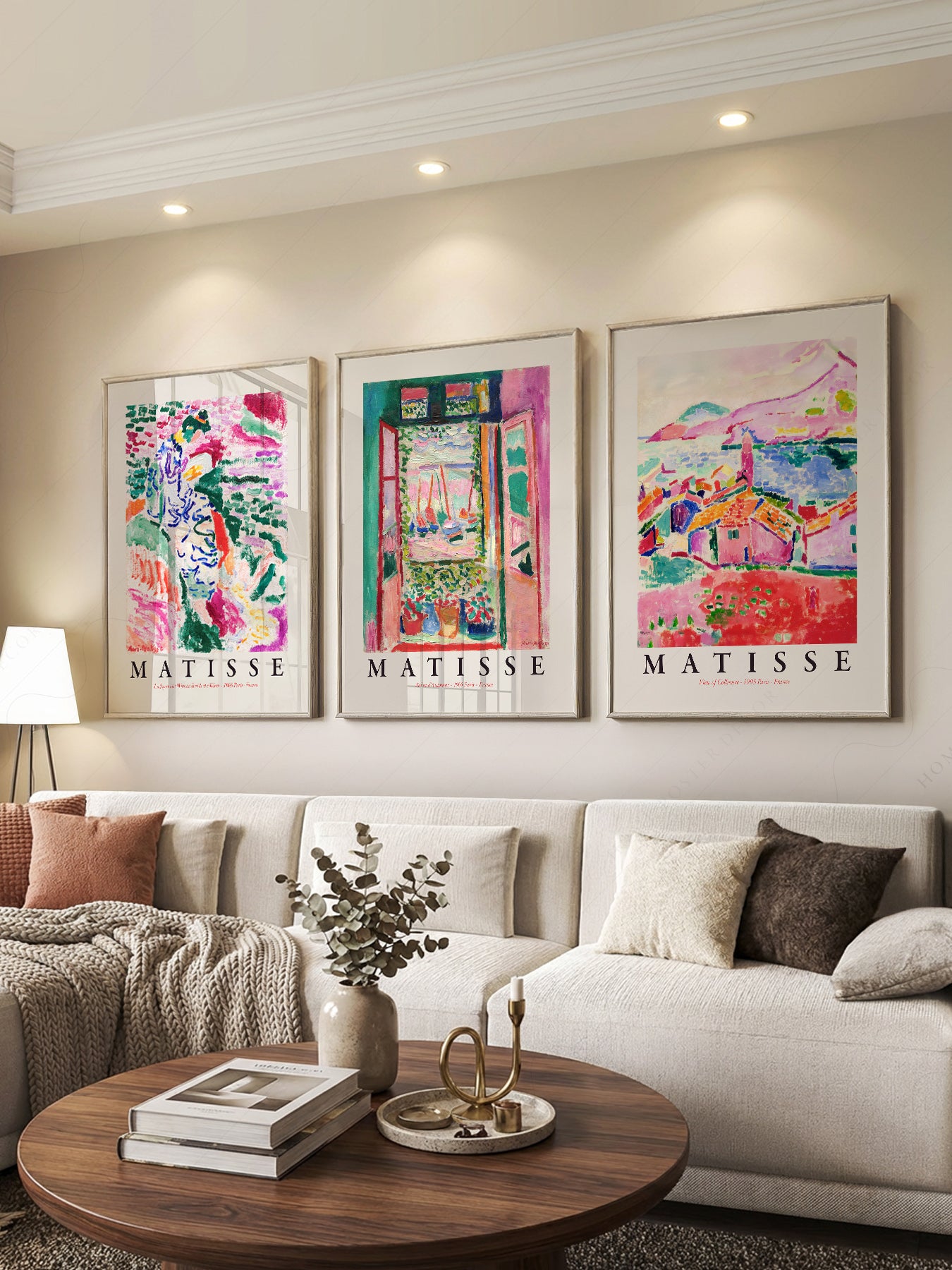 Henri Matisse Gallery Wall Set of 3 print styled in a mid-century modern dining room
