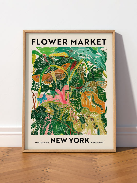 Flower Market New York wall art print displayed in a bright modern living room