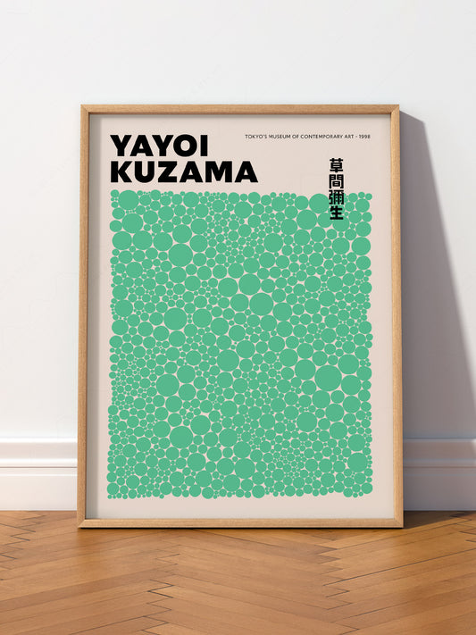 Yayoi Kusama Green Dots Exhibition wall art print displayed in a bright modern living room