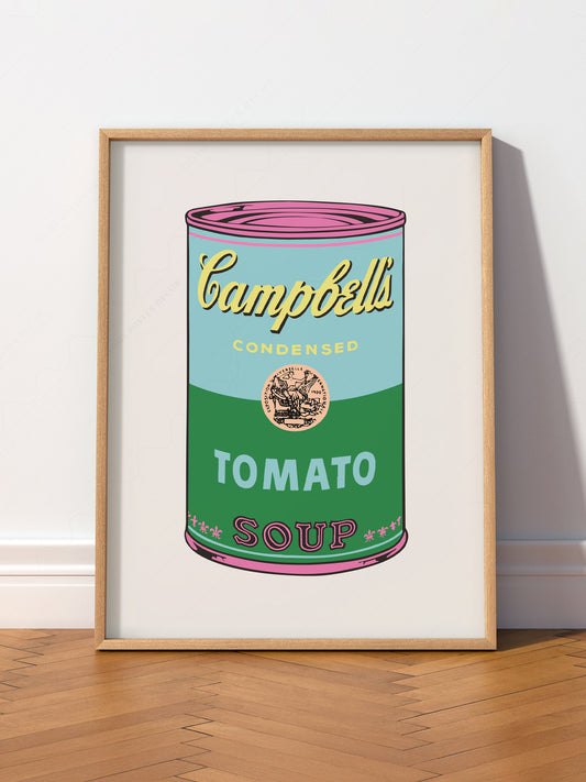 Andy Warhol Campbell's Soup Can wall art print displayed in a bright modern living room