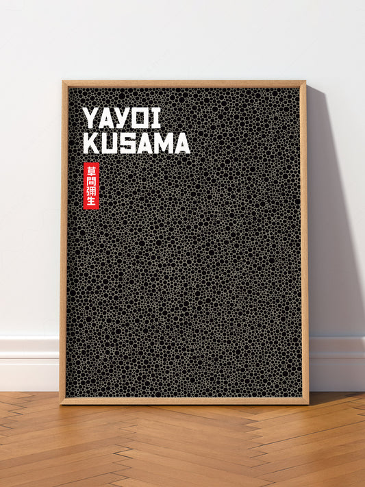 Yayoi Kusama Black Dots wall art print displayed in a bright modern living room