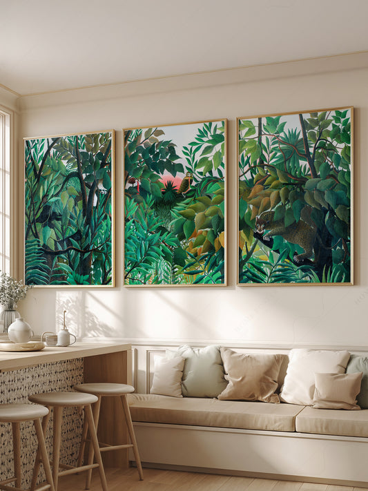 Henri Rousseau Jungle Set of 3 Art wall art print displayed in a bright modern living room