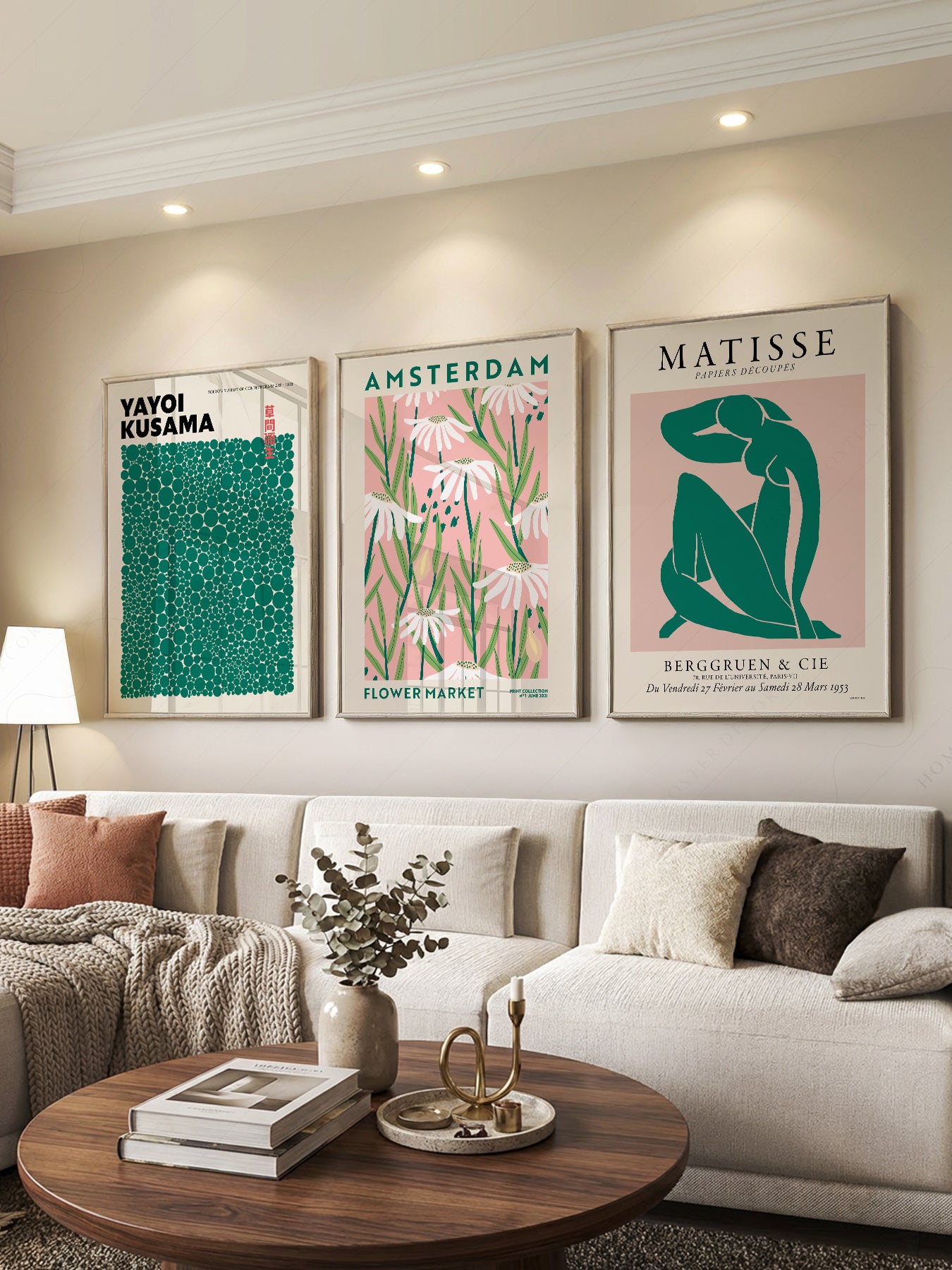 Matisse Kusama Amsterdam Flower Market print styled in a mid-century modern dining room
