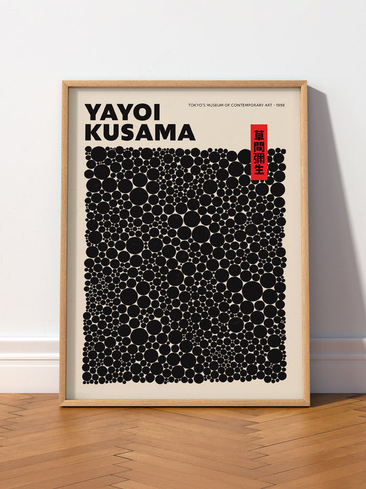 Yayoi Kusama Dots Exhibition wall art print displayed in a bright modern living room