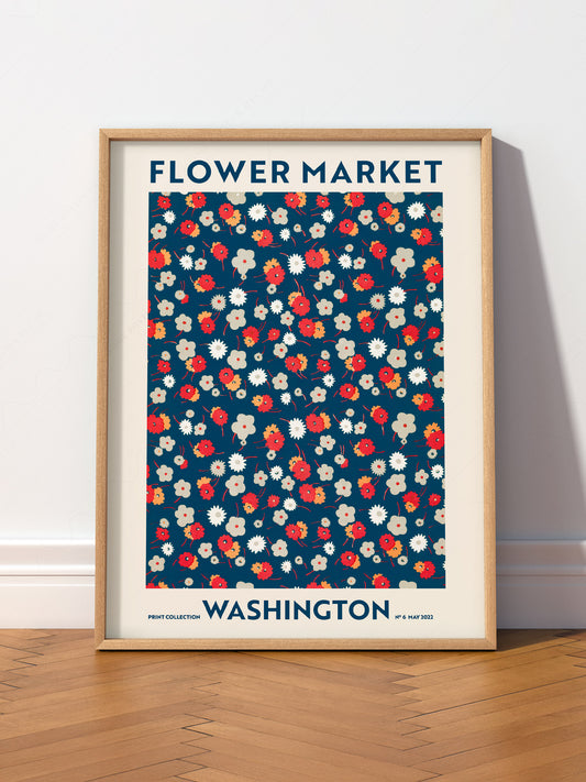 Flower Market Washington wall art print displayed in a bright modern living room