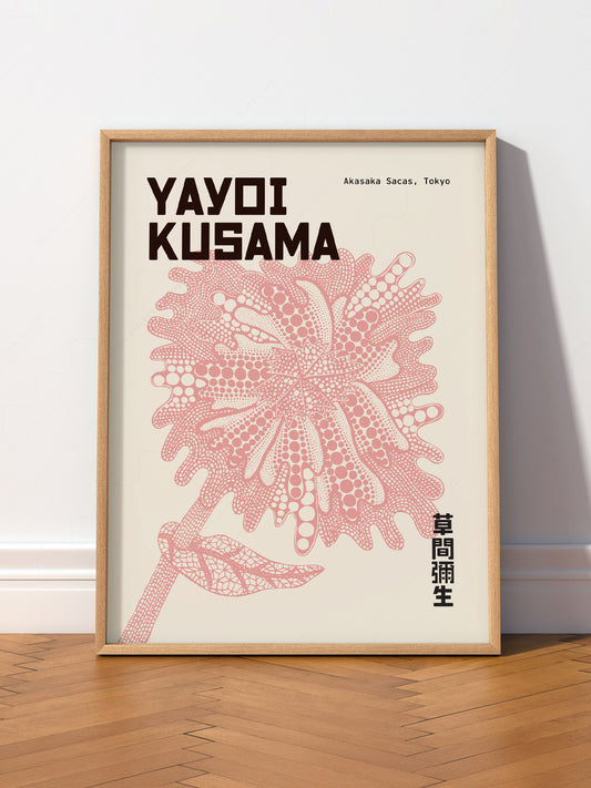 Yayoi Kusama Pink Flower wall art print displayed in a bright modern living room