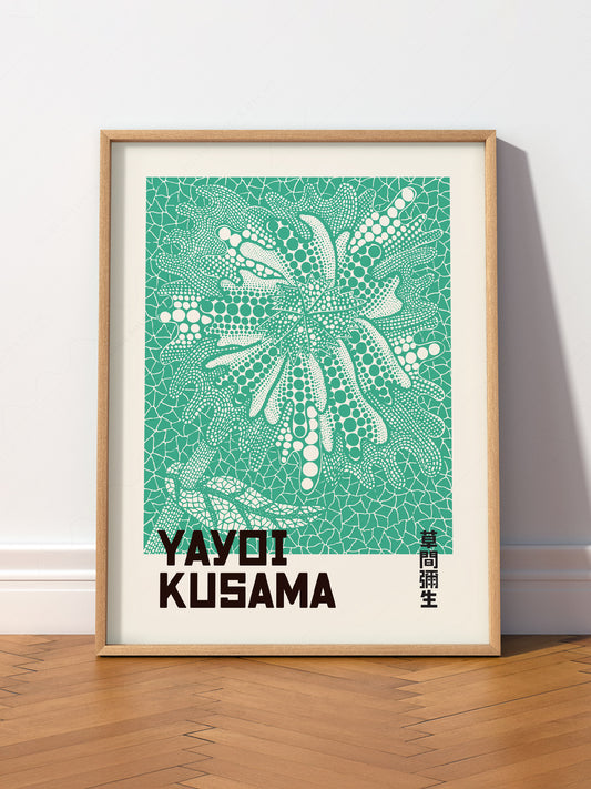 Yayoi Kusama Green Botanical wall art print displayed in a bright modern living room