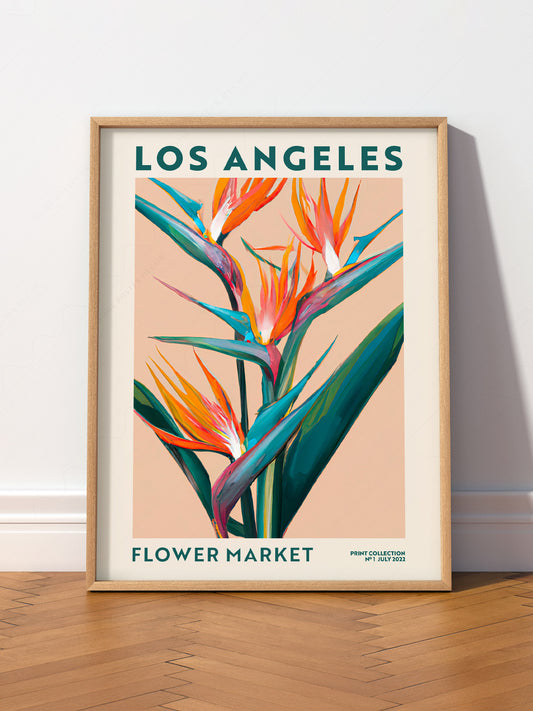 Los Angeles Flower Market wall art print displayed in a bright modern living room