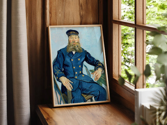 Van Gogh The Postman Joseph Roulin wall art print displayed in a bright modern living room