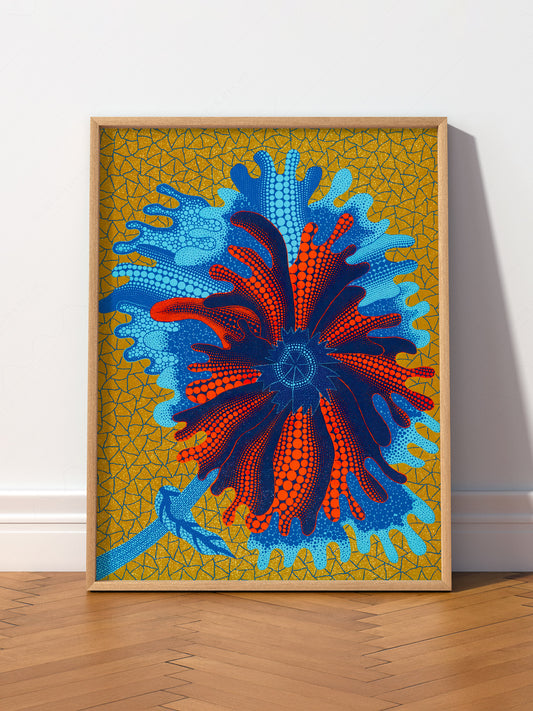 Yayoi Kusama Flower wall art print displayed in a bright modern living room