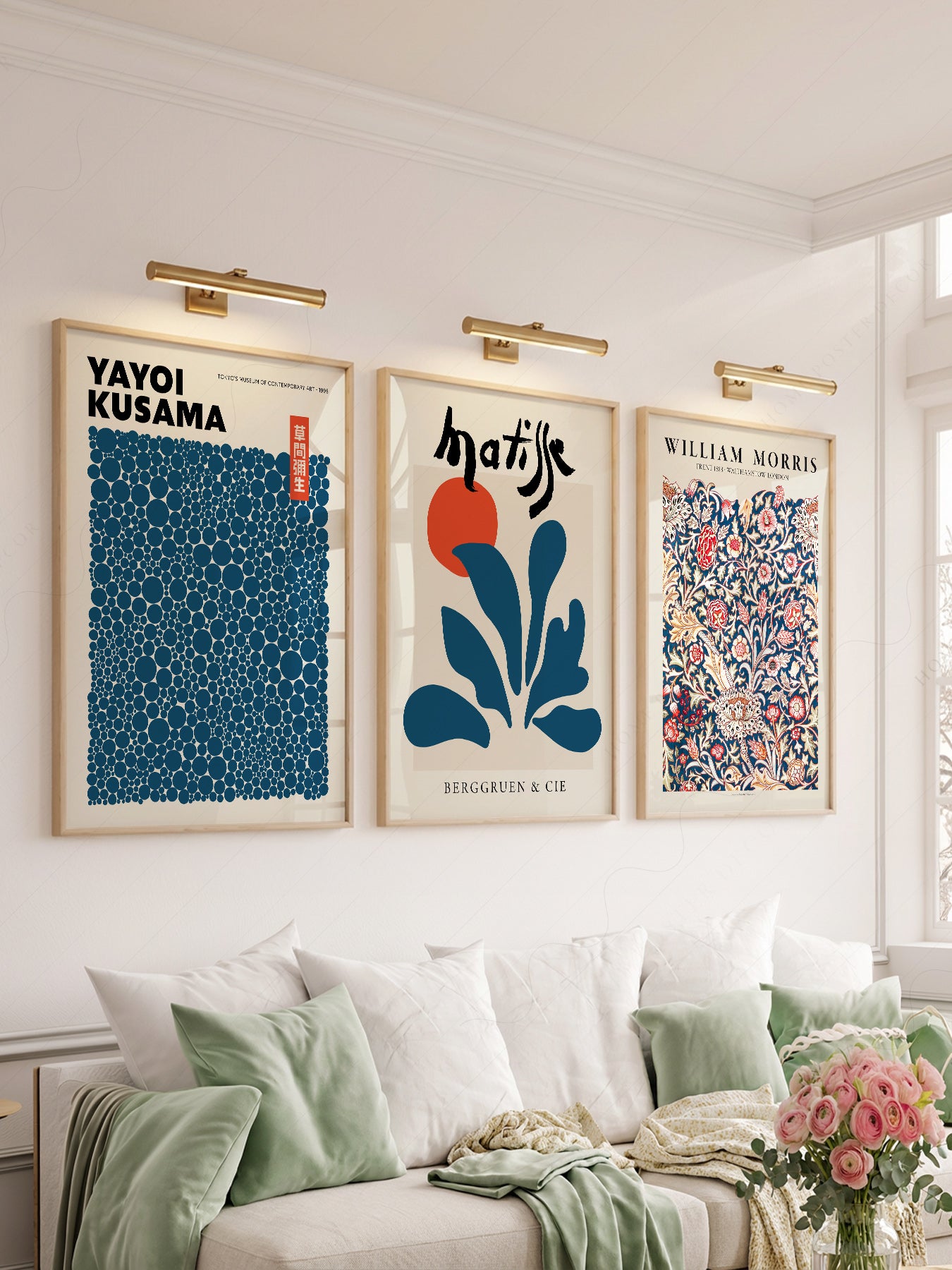 Teal Blue Gallery Wall Set – Henri Matisse, Yayoi Kusama and Flower Market Art Prints