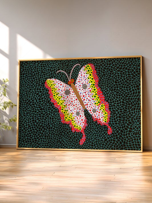Yayoi Kusama Butterfly wall art print displayed in a bright modern living room