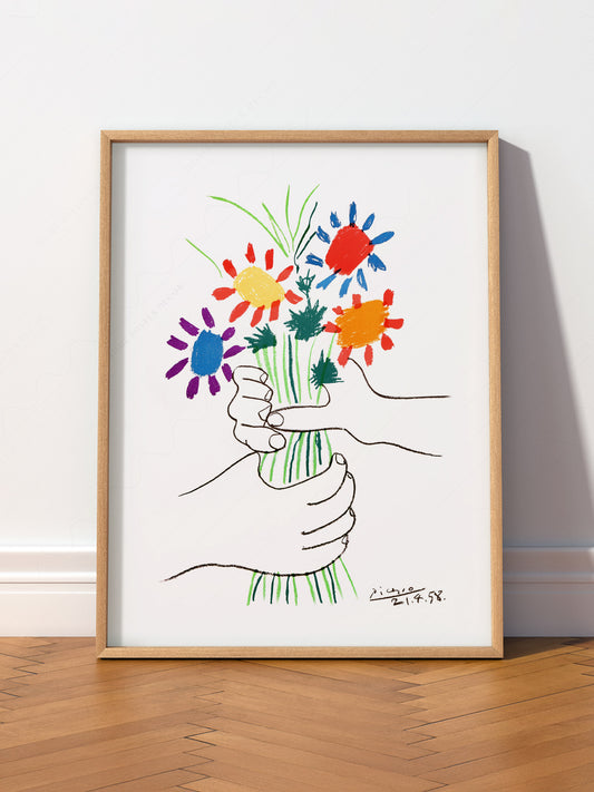 Pablo Picasso The Flowers of Peace 1958 wall art print displayed in a bright modern living room
