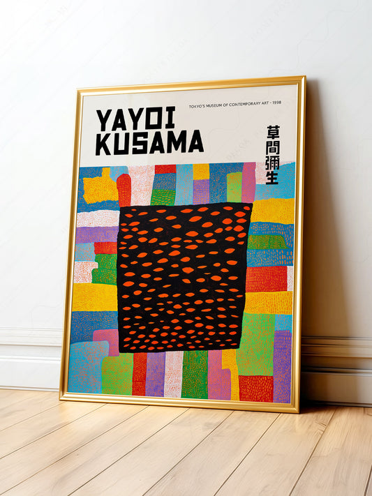 Yayoi Kusama Infinity Fields art print featuring bold black center with orange dots surrounded by colorful geometric blocks.
