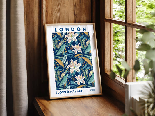 London Flower Market wall art print displayed in a bright modern living room