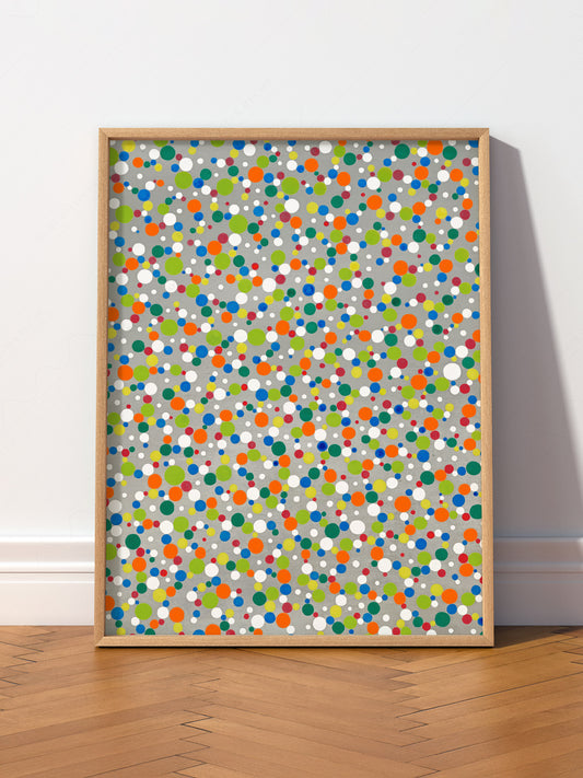 Yayoi Kusama Dots art print displayed in a soft pastel nursery setting