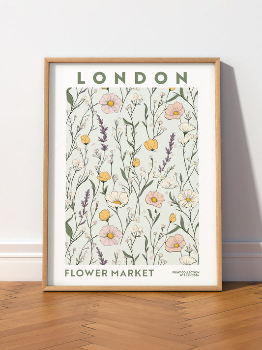 London Flower Market wall art print displayed in a bright modern living room