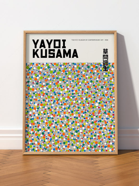 Yayoi Kusama Dots Exhibition wall art print displayed in a bright modern living room