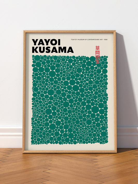 Yayoi Kusama Green Dots Exhibition wall art print displayed in a bright modern living room