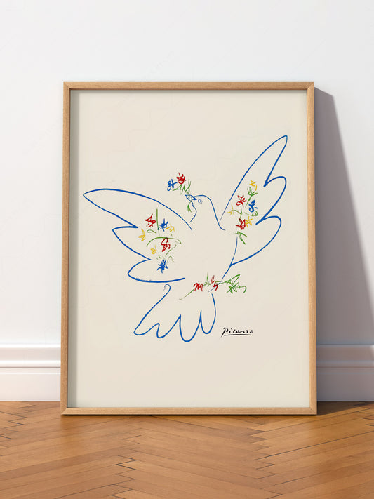 Pablo Picasso Dove of Peace 1949 wall art print displayed in a bright modern living room