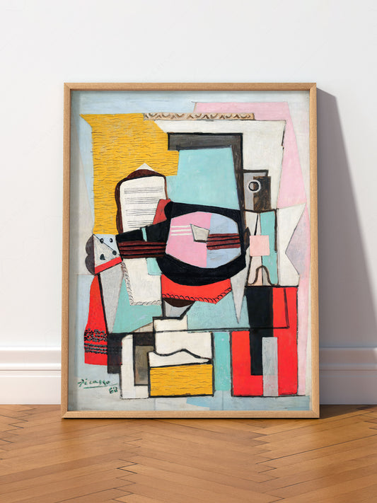 Pablo Picasso Guitar on a Table wall art print displayed in a bright modern living room